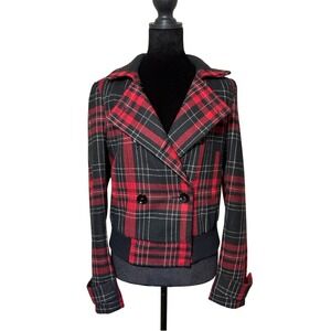 Express Red & Black‎ Plaid Double-Breasted Cropped Bomber Jacket Small